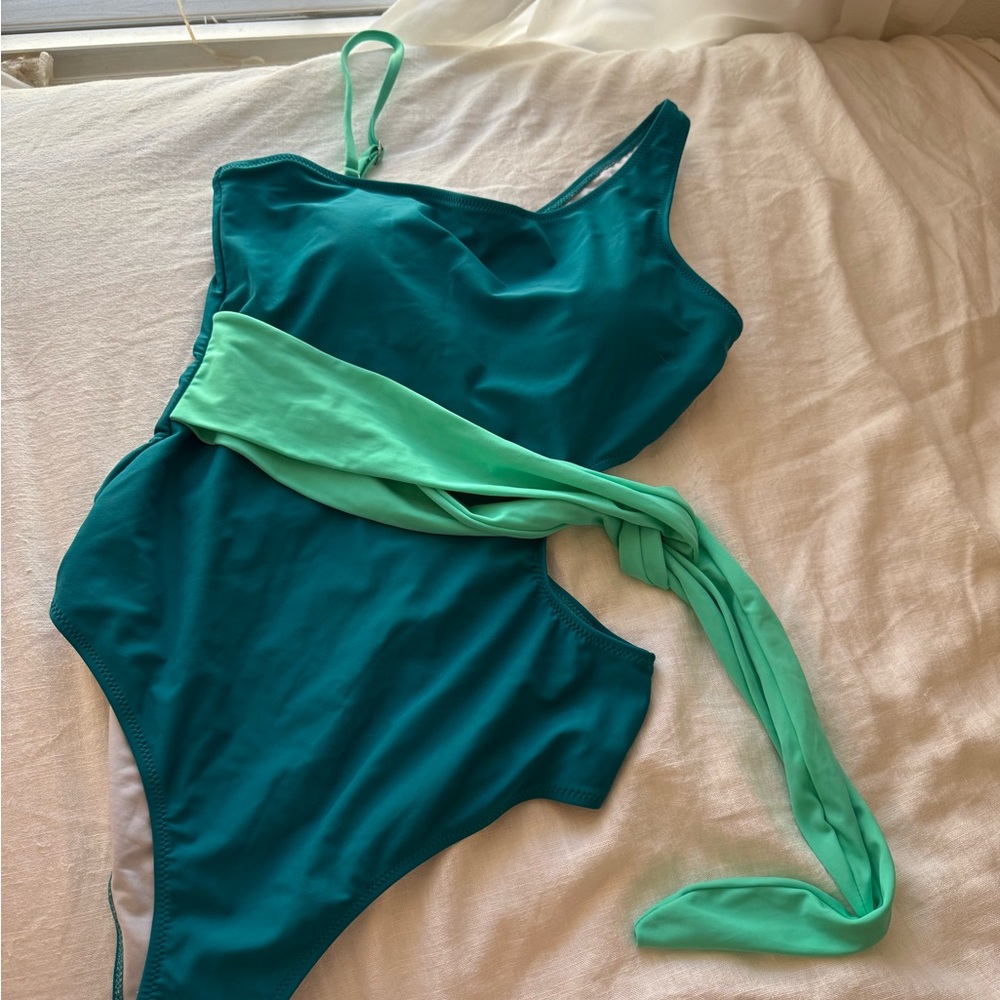 Teal One-Piece Swimsuit with Green Sash